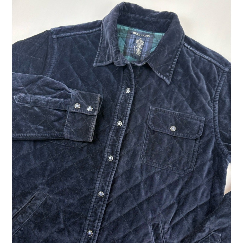 Lucky Brand Quilted Velvet Shirt Jacket Navy, Plaid Lined Women's Medium.